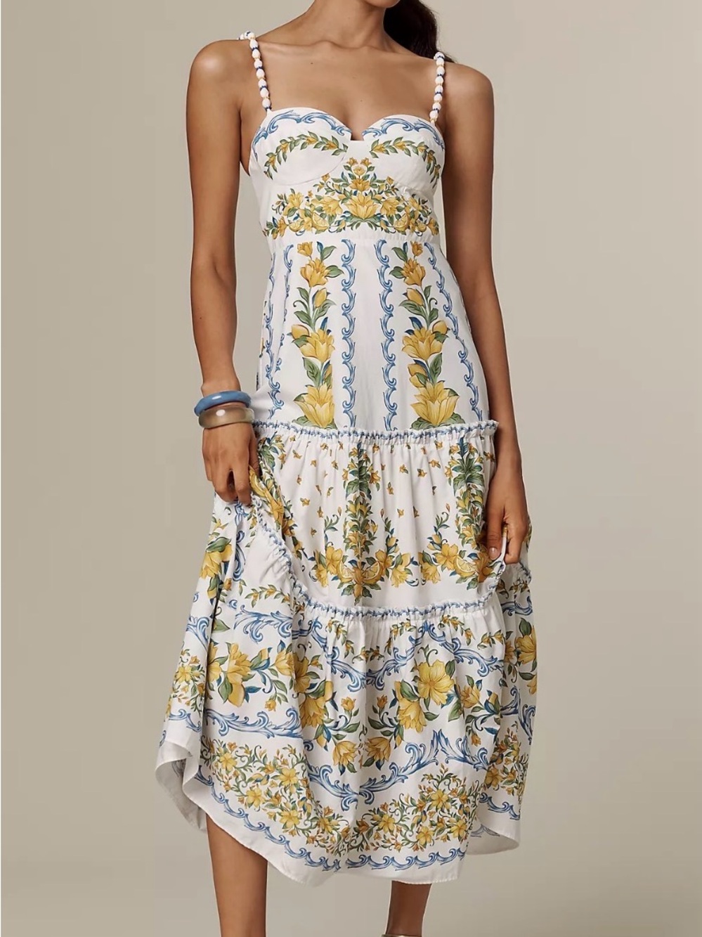 FARM Rio White Midi Dress with Yellow Floral and Blue Trim
